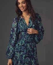 By Anthropologie Long-Sleeve V-Neck Ruffle Mini Dress Blue Motif Floral XXS