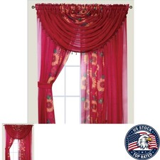Burgundy Sunflower Sheer Curtain Set - 4 Panels, Decorated with Beads Tiebacks