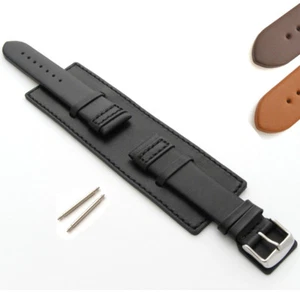 Bracelet de montre en cuir de veau véritable style manchette militaire boucle en acier inoxydable
