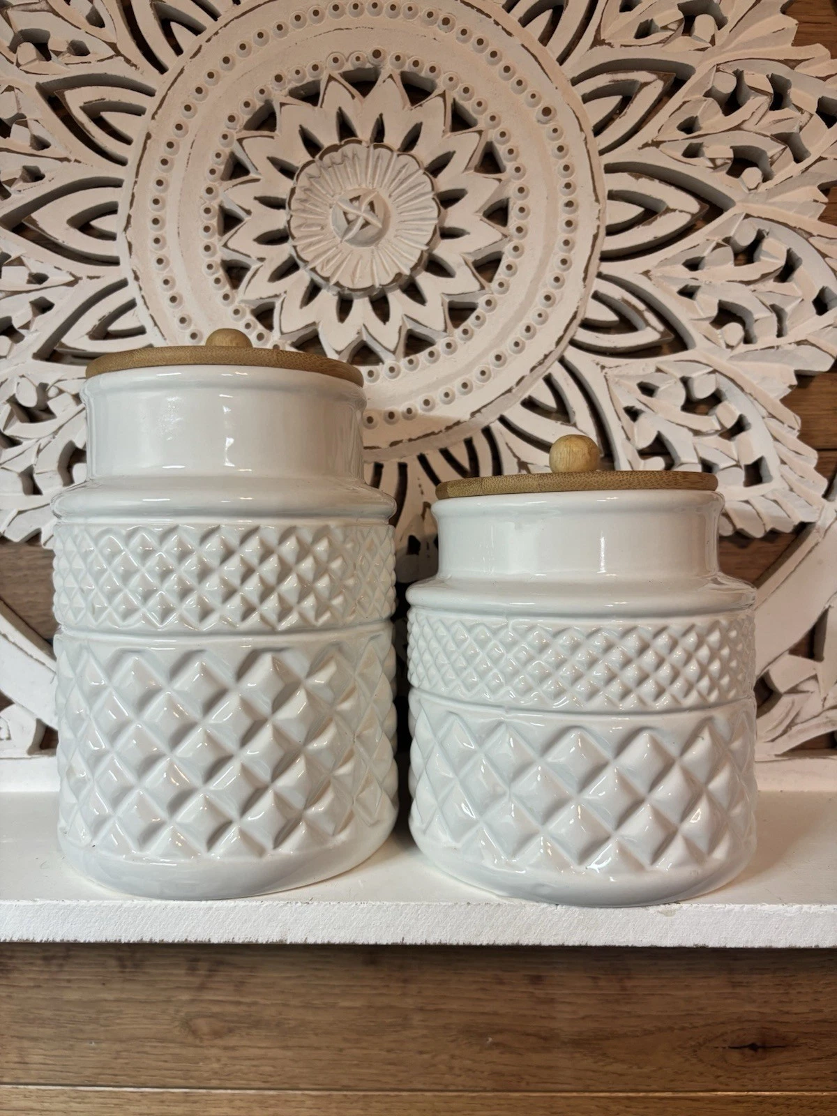 Home Essentials Ceramic Canisters White/Bamboo Tops Set of 2 54/40 oz Cottage