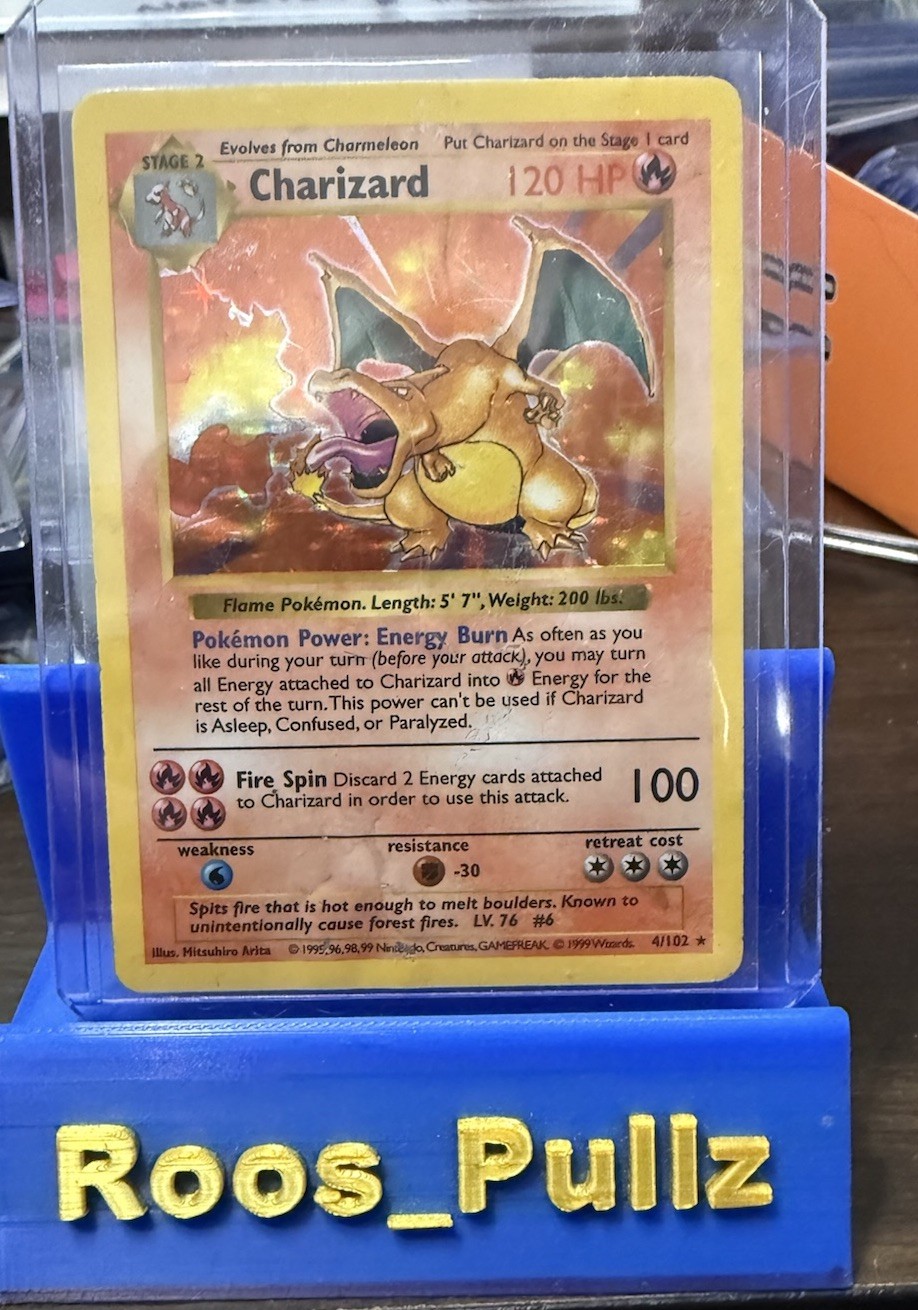 Pokemon Base Set SHADOWLESS Charizard Holo 4/102 Heavily Played (HP) - WOTC 1999