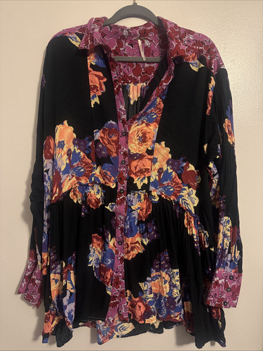 Free People Brunch A Bunch Tunika schwarz Blumen Knopfleiste tiefe Kombi ✨ Large - Bild 1 von 6
