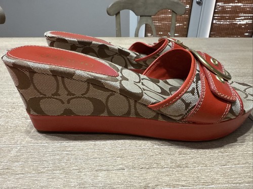 Coach Gretta Slip On Canvas Red Orange Leather Wedge Sandals Shoes Women Size 9M - Picture 3 of 5