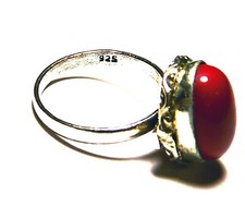Coral Bohemian Southwestern Oval Ring on Sterling Silver Size 8.5