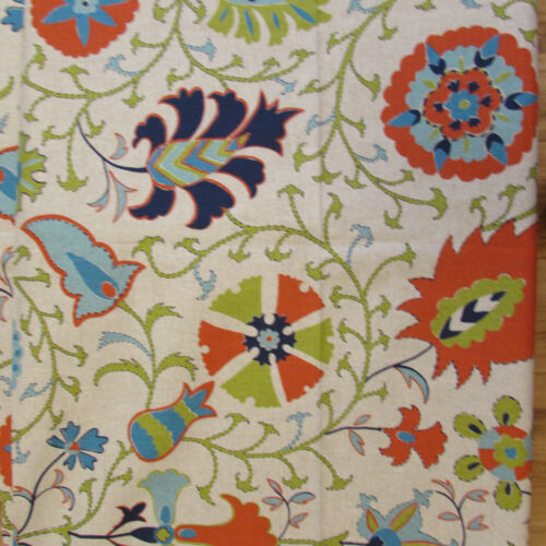Floral Print Cotton Woven Fabric Red Blue Teal On Beige 2yd 56"W Upholstery