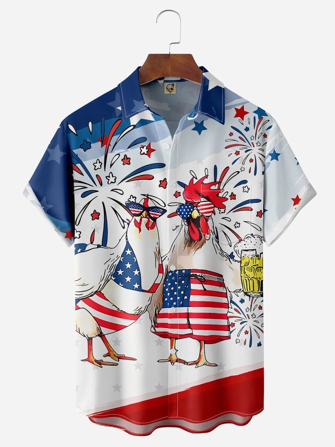 Independence Day Flag Hawaiian Shirt with Chicken Chest Pocket Short Sleeve