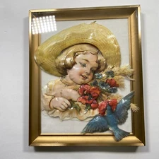 Hazel Pearson Handicrafts 3D Lithograph Print Framed Girl Bluebird Vintage Art