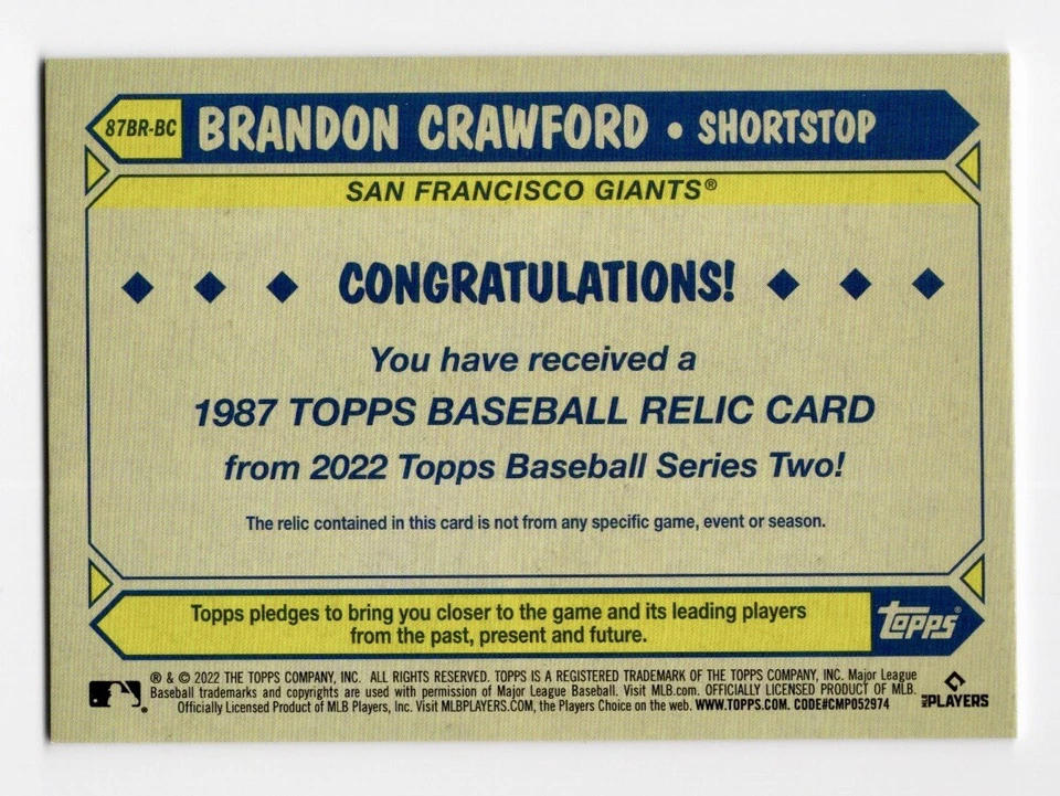 2022 Topps Series 2 - 1987 Topps Baseball Relics Black #87BR Brandon Crawford - Image 4 of 4