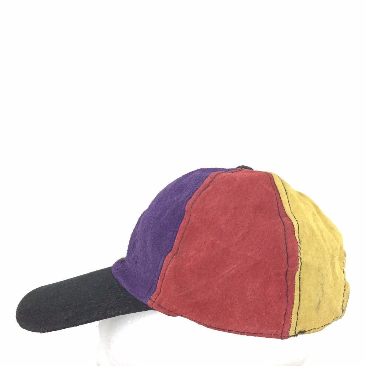 Vtg 90s Pinwheel Color Block Leather Hat Suede All Over 