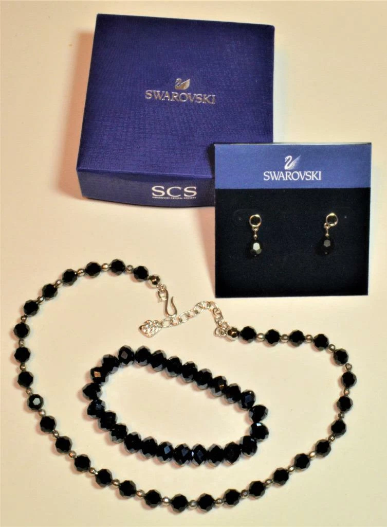 NIB SWAN Black Swarovski Crystal 3 Pc Set Necklace Bracelet Pierced Earrings