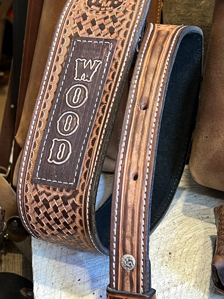 Leather Rifle Sling - Hand Tooled Basket Weave Strap - Personalized -Made in USA - Image 2 of 4