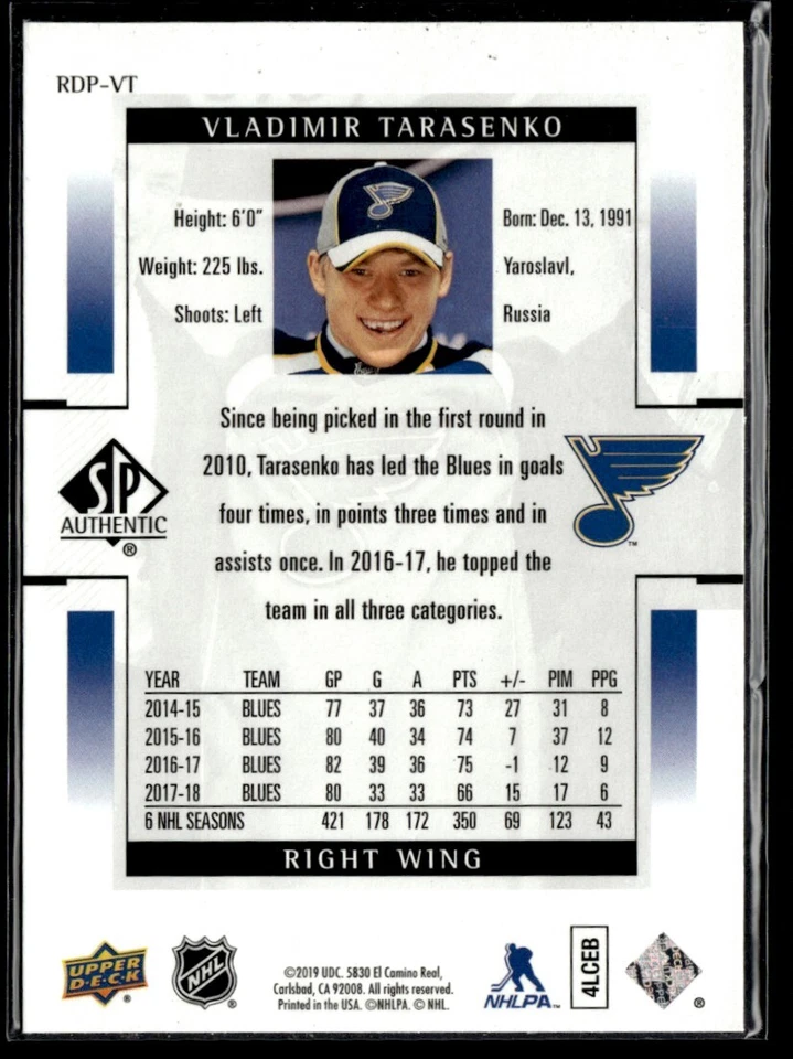 2018-19 SP Authentic 1999-00 Retro Draft Picks Vladimir Tarasenko #RDP-VT - Image 2 of 2