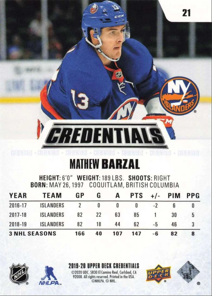 2019-20 Upper Deck Credentials Mathew Barzal New York Islanders #21 - Image 2 of 2