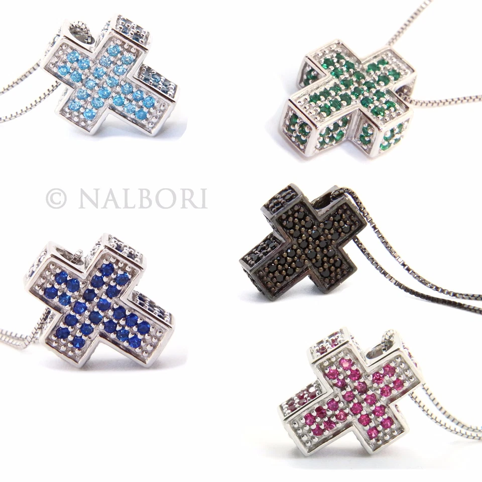 collana croce argento 925 massiccio scatolata 3D pave' zirconi collier ciondolo - Immagine 3 di 4