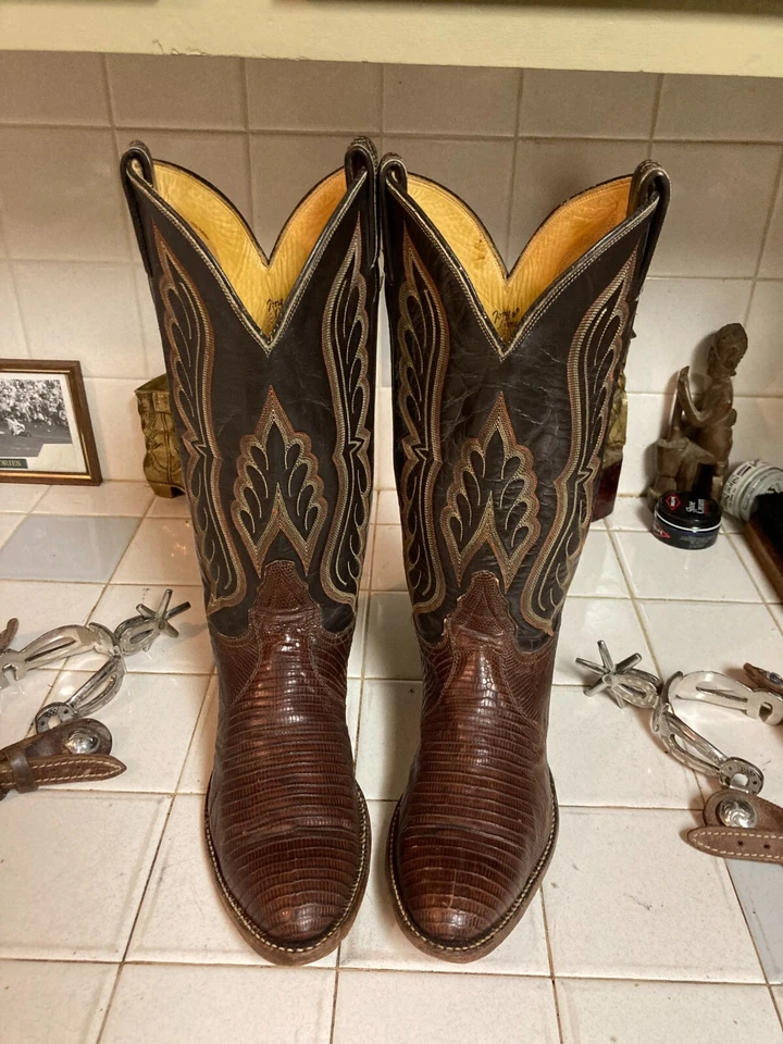 TONY LAMA TEJU LIZARD VINTAGE BROWN TEXAS WESTERN RANCH WORK COWBOY BOOTS 8.5 E - Image 2 of 4