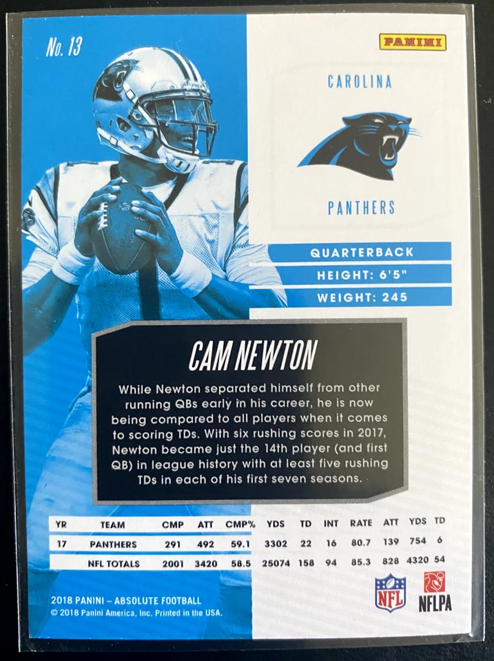 Cam NEWTON 2018 Panini Absolute Football #13 Carolina Panthers - Image 2 of 2