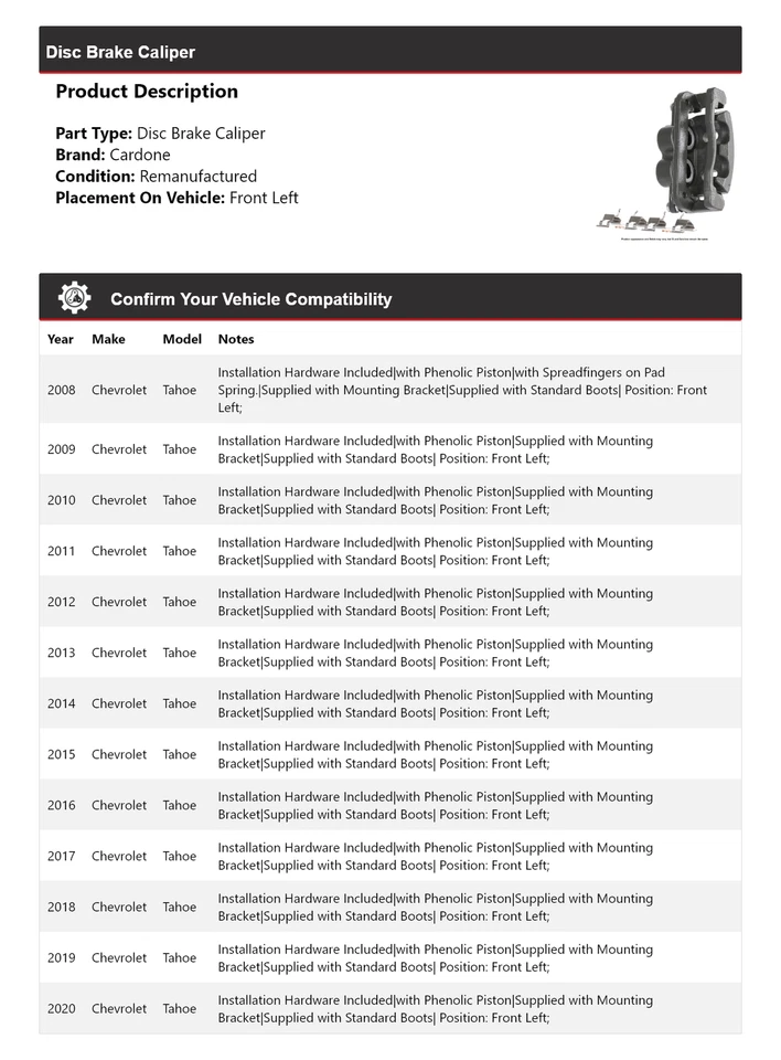 Pinza de freno de disco delantera izquierda Cardone 2009 2010 para Chevrolet Tahoe 2008-2020 Foto 2 de 4