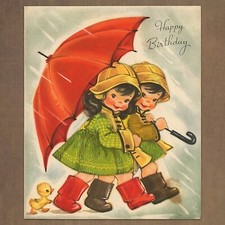 Unused Vintage RELIGOUS BIRTHDAY Card, Rosy Cheeks Girl Boy Rain Umbrella Duck