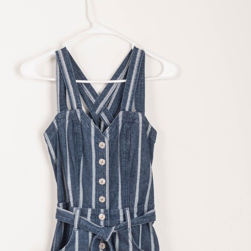7 For All Mankind Women's Overall Jumpsuit Striped Denim Blue Size 24 - Picture 3 of 17