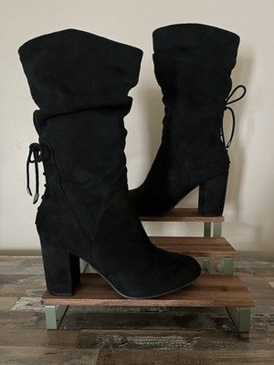 Women s Black Mid-Calf Zip Sock Boots Synthetic Round Toe Lace Solid 9M