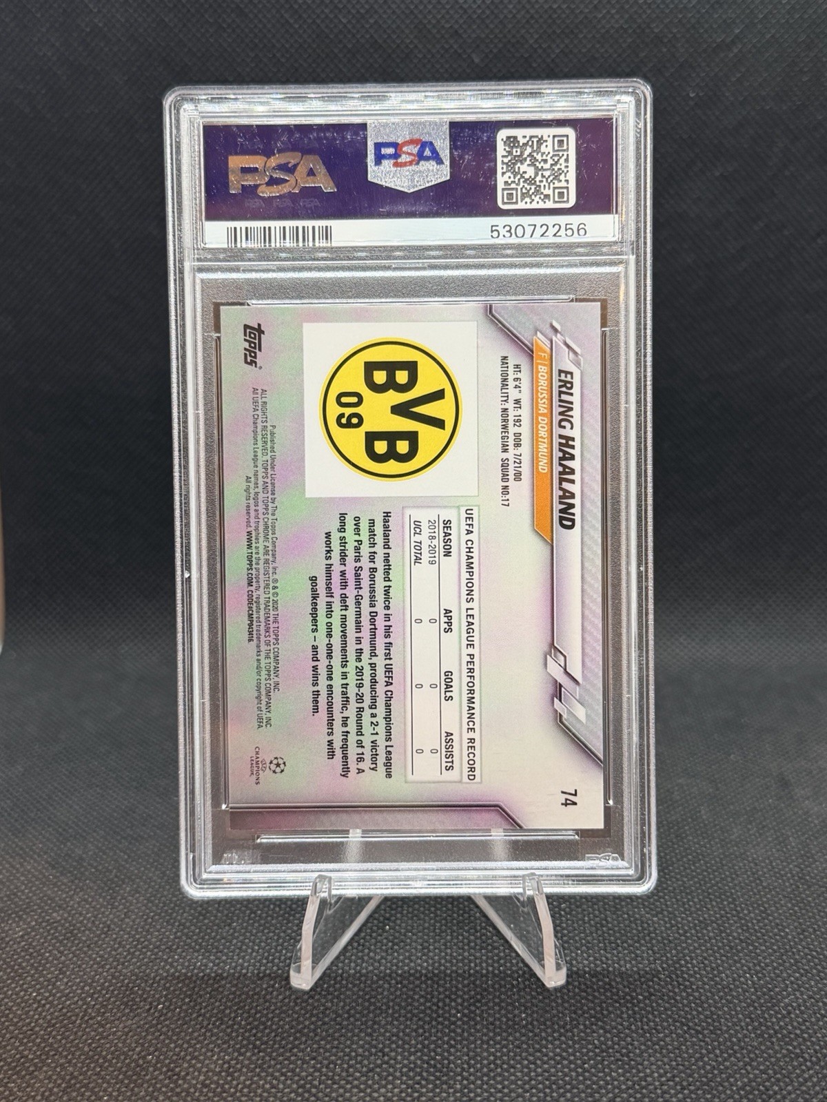 ERLING HAALAND 2019 Topps Chrome SAPPHIRE EDITION RC Rookie #74 Dortmund PSA 10 view 2