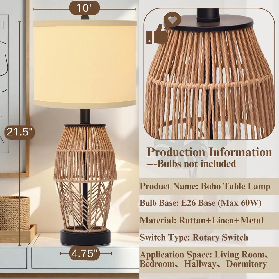 Juego de 2 Lámparas Boho 21" para Dormitorio Granja Lámparas de Mesa para Salón Rata... Foto 4 de 4