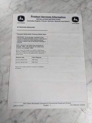 JOHN DEERE SERVICE DEALER INSTRUCTION TRANSAXLE HYDROSTATIC PRESSURE VALVE