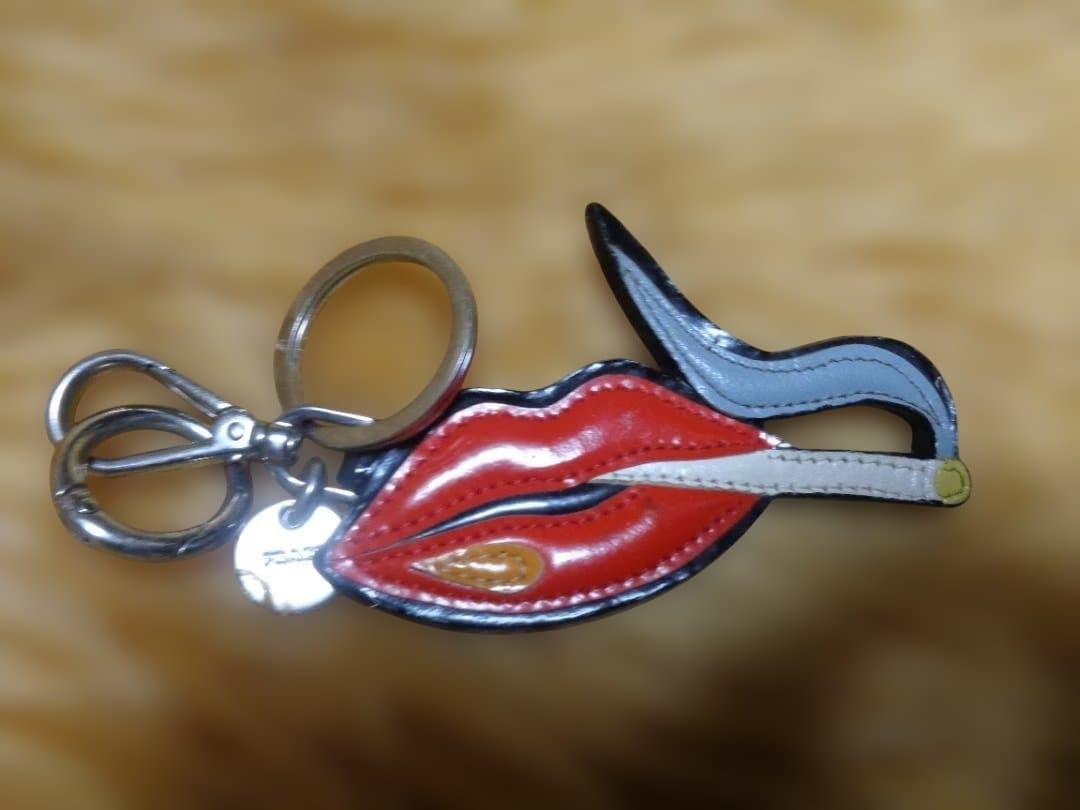 PRADA Lip & Cigarette Leather Keychain Charm Red Black White Blue Accessory Auth