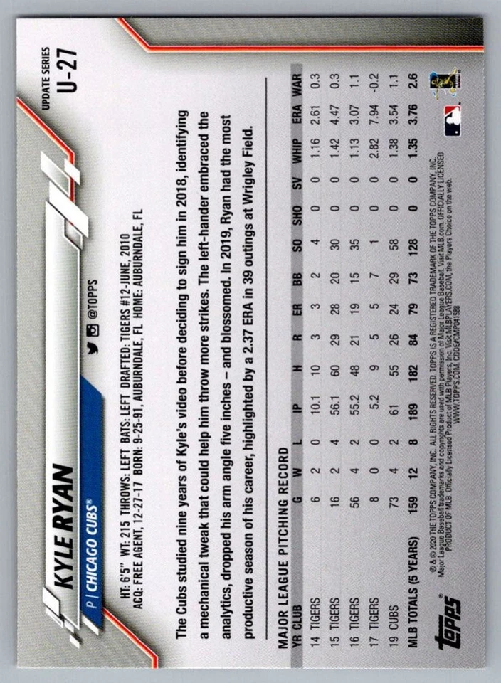 2020 Topps Update Kyle Ryan Chicago Cubs #U-27 - Image 2 of 2