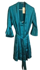Ekouaer 2 Pc Nightgown And Robe Satin Teal Green Belted With Pockets NWT