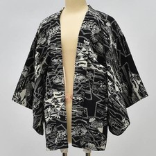 Vintage Japanese Kimono  Haori Jacket  Black Silk  Landscape  rr0698b