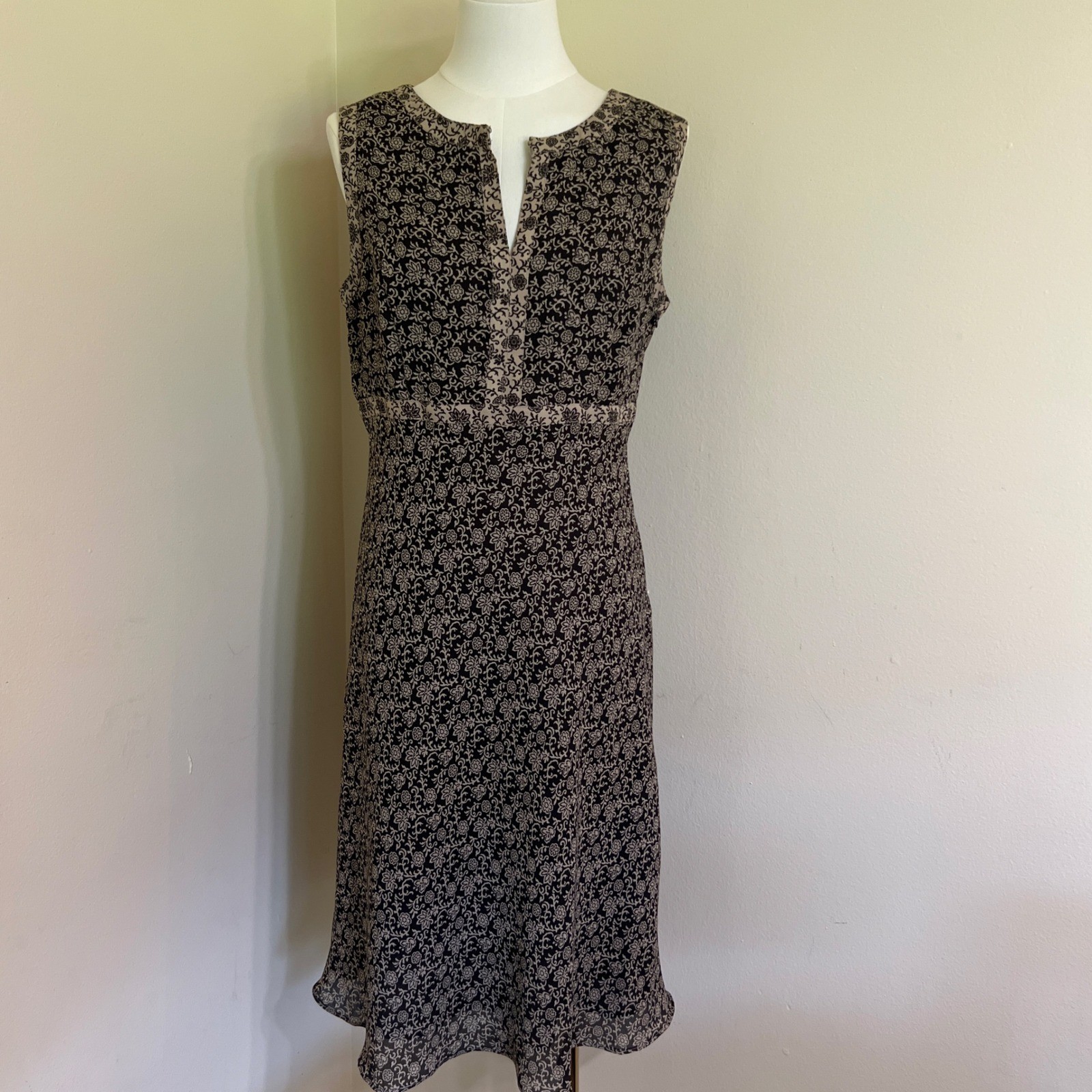 Ann Taylor LOFT Women Black Tan Floral Sleeveless Midi Dress Size 8 Side Zip