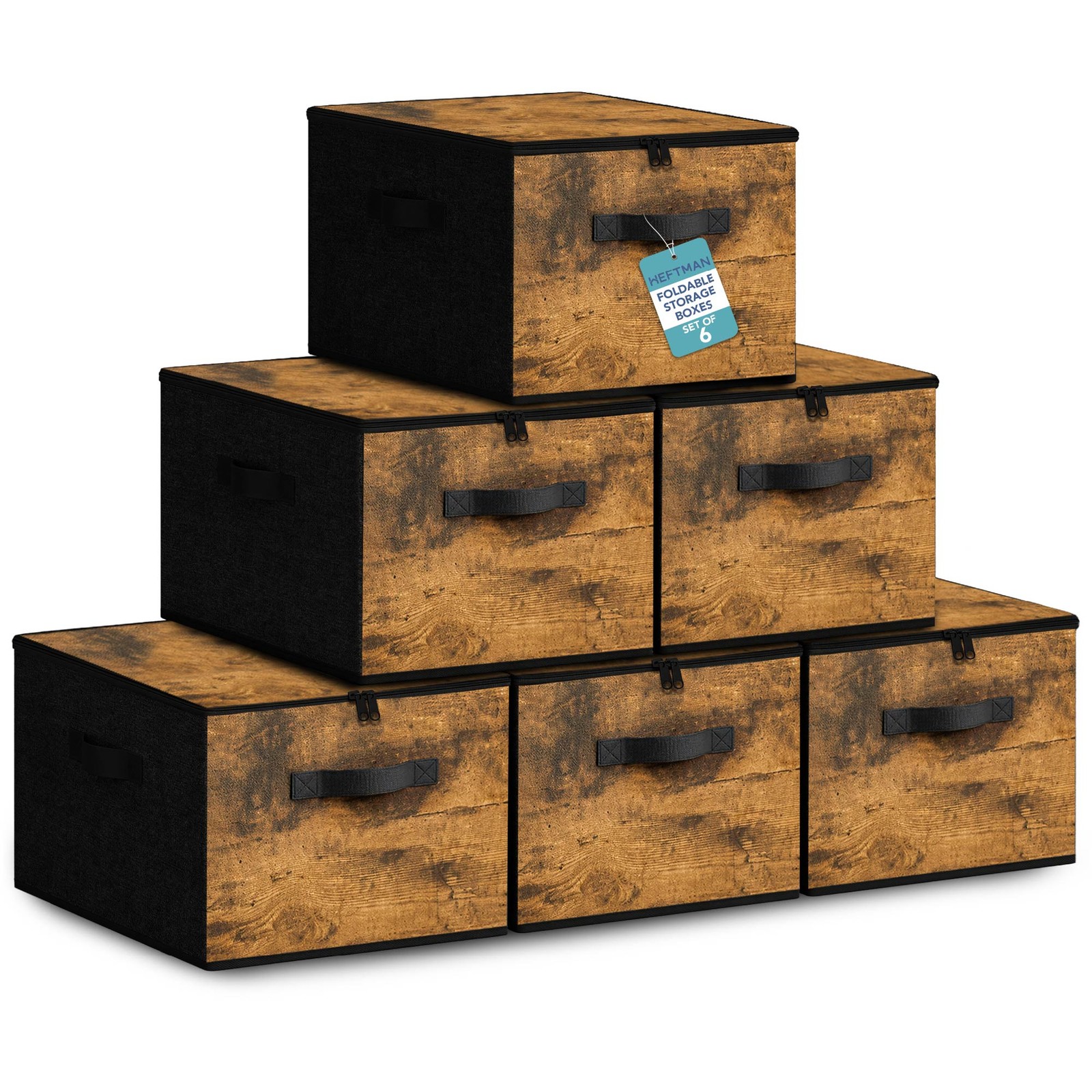 HEFTMAN Foldable Storage Boxes With Lids 40 X 30 X 25cm Set of 6 Rustic Brown