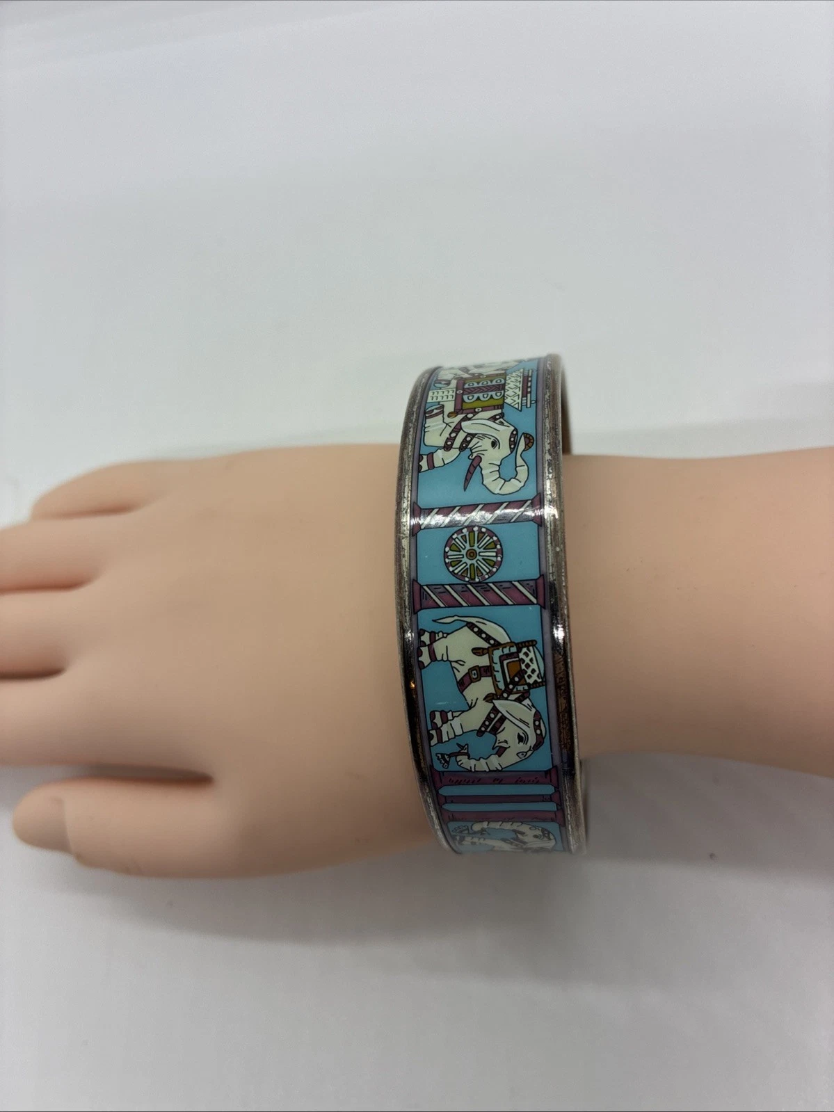 HERMÈS Bracciale Elefante HERMES Cloisonné Smalto Blu Tono Argento Metallo .75x2 5”