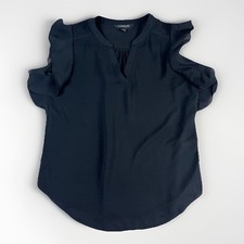 Banana Republic Womens XS Blouse Black V-Neck Flutter Ruffle Sleeve Chiffon Top