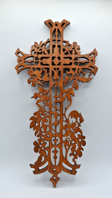 Folk Art Wooden Scrollwork Handmade Cross Wall Plaque Christan Inspirational