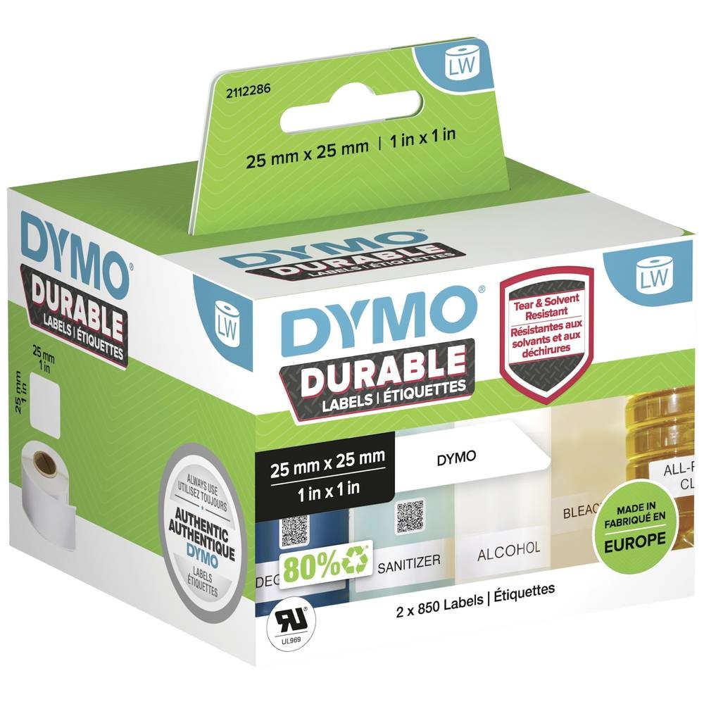Étiquettes en film polypropylène DYMO 2112286 résistantes à l'eau pour flacons de laboratoire