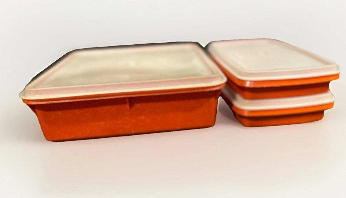 Lot Of 3 Vtg Tupperware Food Storage Square Containers Orange #816 #514 MCM