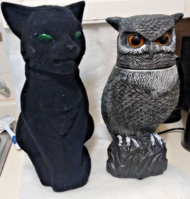 Halloween Animatronic 2 Tabletop Decorations Animated Owl and Black Cat Props