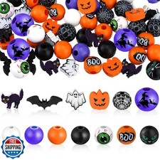 Qunclay 200 Pcs Halloween Wooden Beads Bat Cat Ghost Pumpkin 16 mm Crafts Bea