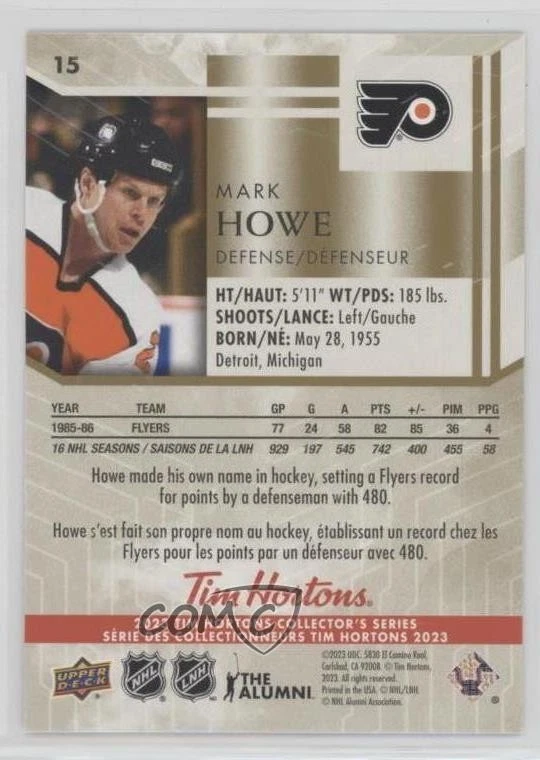 2022-23 Upper Deck Tim Hortons Legends Mark Howe #15 HOF - Image 2 of 2