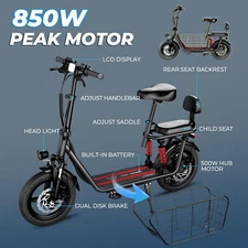 850W Peak Electric Scooter 3 Gear Speed 48V Adult Folding E-bike w/ Seat Basket