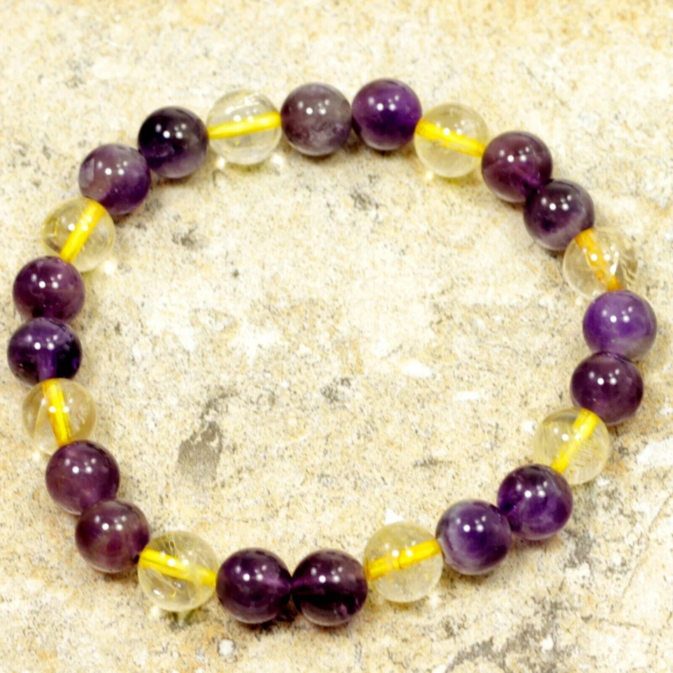 Pulsera de ametrino cuentas redondas piedras preciosas curativas púrpura y amarillo elástico Foto 4 de 4