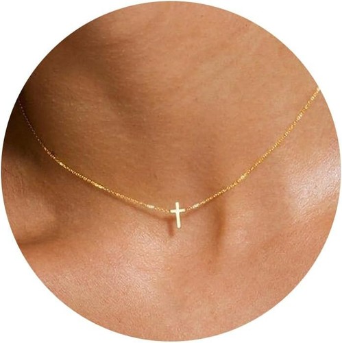 Small Cross Necklace for Women, Dainty 14K Gold Plated Cross Choker Necklace Tin