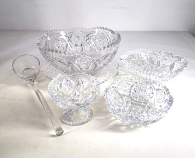 5 Pc Vtg Clear Glass Daisy Button / 1 Piece NuCut Stars & Arches Bowls w/ Ladle