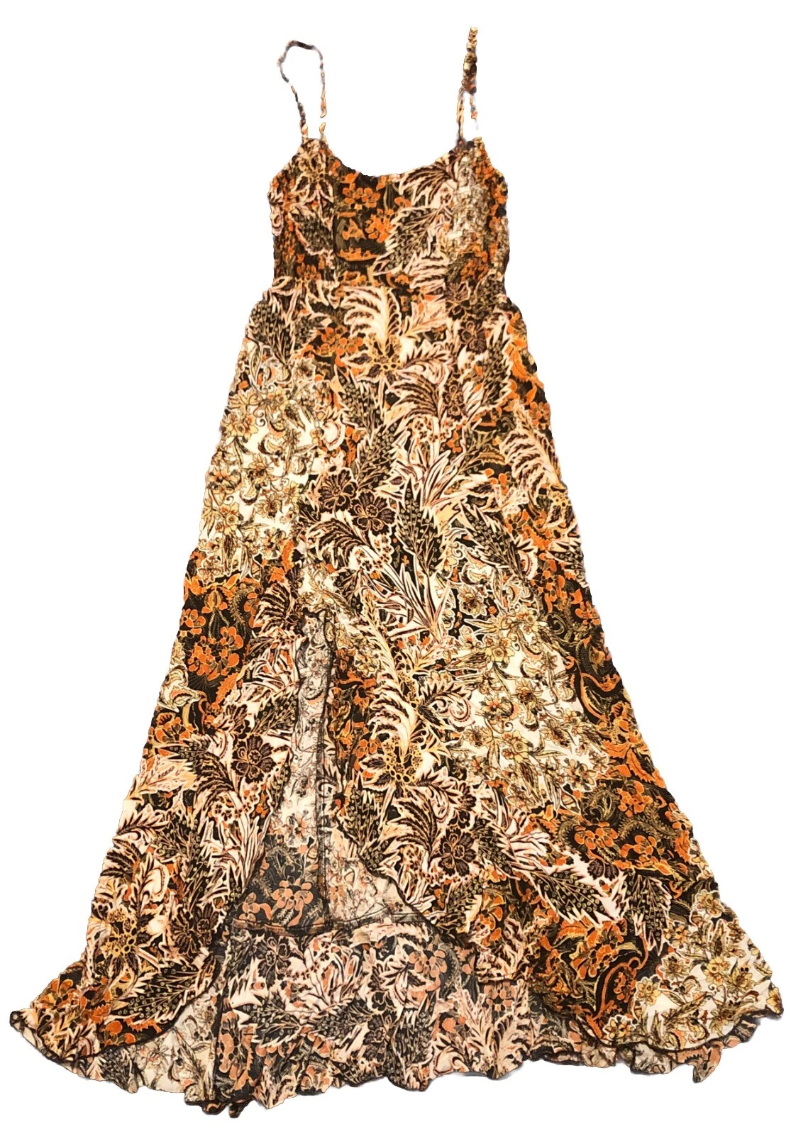 PALM ANGELS Abito basso Free People Intimately Maxi Hi taglia S nero arancione floreale smockato nuovo con etichette