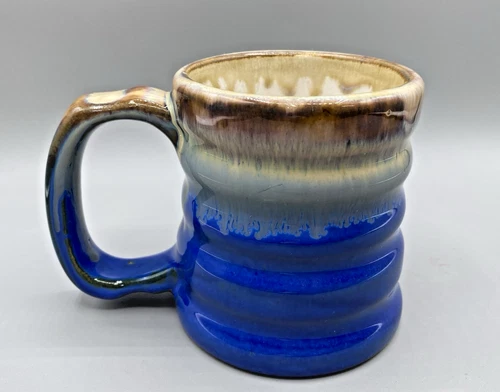 Bright Blue/Brown Drip Glaze Studio Pottery Coffee Mug w/Thumb Rest Signed Heavy