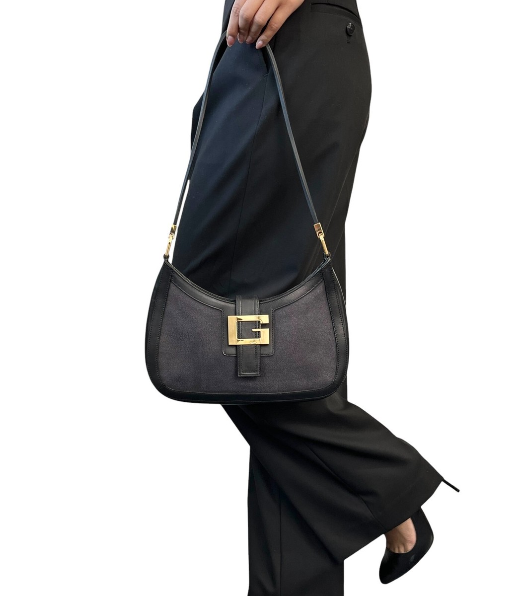 GUCCI Vintage G Square Logo Shoulder Bag Magnet Black Gold Cotton