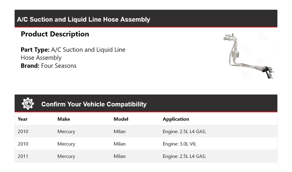 Conjunto de manguera de línea líquida y succión de aire acondicionado Mercury Milan 2010-2011 4 estaciones Foto 2 de 3