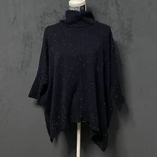 Loft Turtleneck Cowl Sweater Womens S Blue Flecked Shirttail Poncho lagenlook
